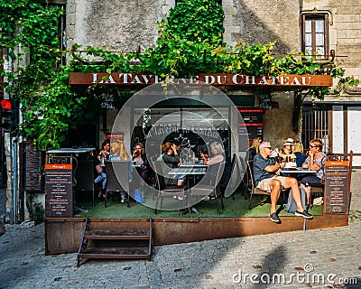 Restaurant terrace in Carcassonne, a hilltop town in southern France, is an UNESCO World Heritage Site Editorial Stock Photo