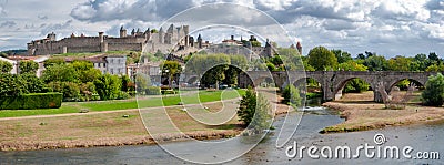 Carcassonne la cite medievale and pont vieux panoramic view Stock Photo