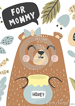 For mommy greeting card with a cute baby bear. Letter size format Vector Illustration