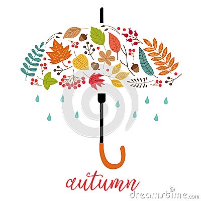 Card autumn leaves as umbrella Vector Illustration