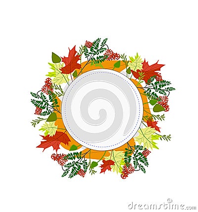 Card with autumn leaves and rowan. In the center there is an empty space for an inscription Vector Illustration