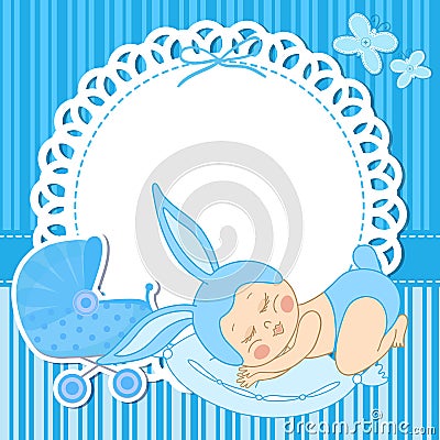 Card with baby boy born in bunny costume Vector Illustration