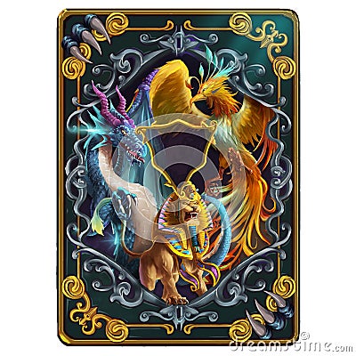 The Card Back Design about Mystery Mythical Creatures from Middle Ages and Medieval. Dragon, Phoenix and Sphinx Stock Photo