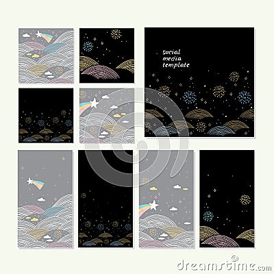 Card banner design collection rainbow abstract scales, sky clouds stars scandinavian style white black gray background. trend of Vector Illustration