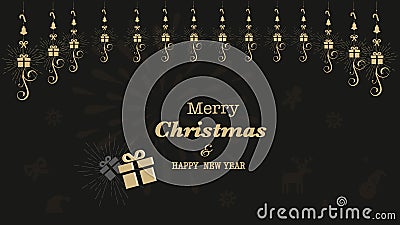 Card or Banner Merry Christmas and Happy New Year 2019 Gold Color Black Background Vector Illustration