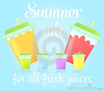 A card, a banner with a summer sale of fresh drinks. Cartoon Illustration