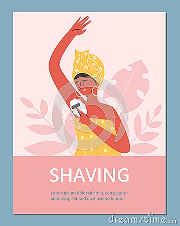 Banner with woman removing hair using home depilator, flat vector illustration. Vector Illustration