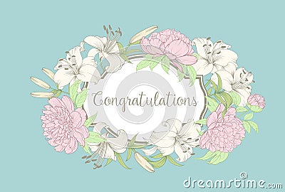 Card with blooming lily. Vintage label card. Congratulation card template for your holiday. Vector Illustration