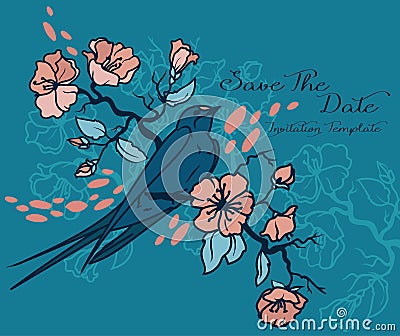 Card with blooming tree branches and sitting swallow Vector Illustration