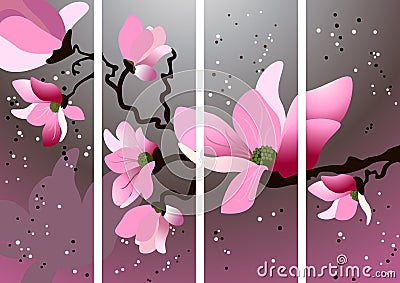 Card with blossoming oriental cherry branch Vector Illustration