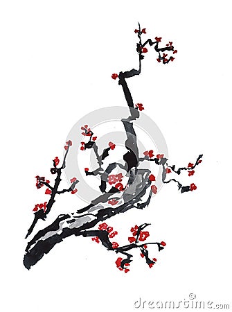 Card with blossoming oriental cherry branch in traditional japanese sumi-e style Stock Photo