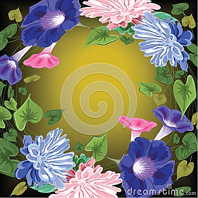 wreath frame made of flowers, leaves and curly stems -astra, vine, ivy, green, pink, blue on black and gold Vector Illustration