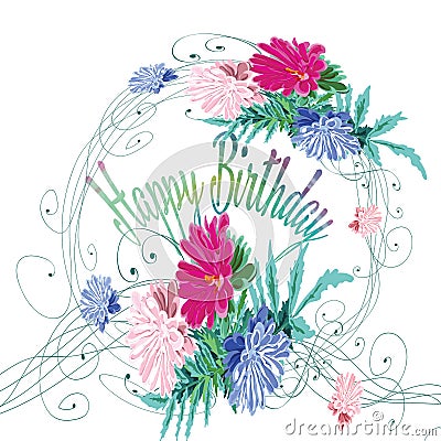 composition from inscription and flowers of fine coloring in vector aster leaves, stems, text - Happy birthday - watercolor stain Vector Illustration