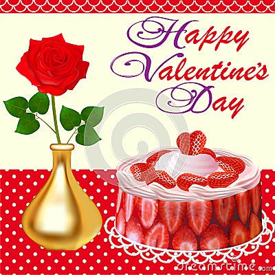 Card cake with strawberries on Valentines Day Vector Illustration