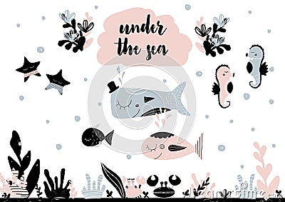 Card with calligraphy lettering under the sea and composition in scandinavian style. Vector illustration Cartoon Illustration