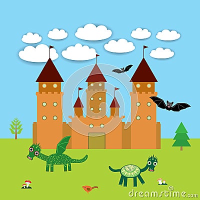 Card With Castle, fairytale landscape with dragons and bats. vector Vector Illustration