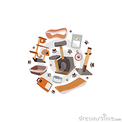 Card with cats food, goods, houses and supplies. Stock Photo