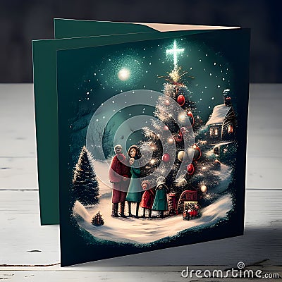 The card, the Christmas tree and the family. Christmas card as a symbol of remembrance of the birth of the savior Vector Illustration