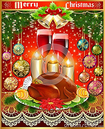 Card for christmas turkey wine candles and Christmas balls Vector Illustration