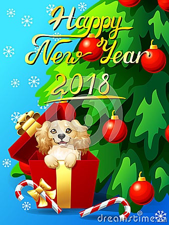 Card Cocker Spaniel in a gift box and fir Vector Illustration