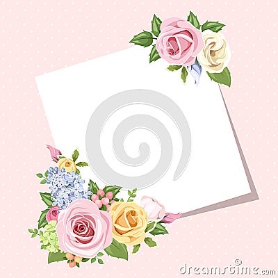 Card with colorful roses and lisianthus flowers. Vector eps-10. Vector Illustration