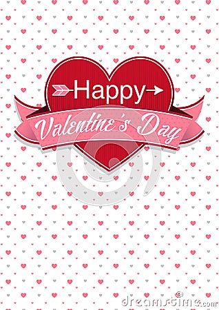 Card cover with message: Happy Valentines Day on a red heart surrounded with pink ribbon on a white background with little hearts Vector Illustration