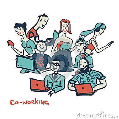 Card coworking with people of all ages with laptops and computer Vector Illustration