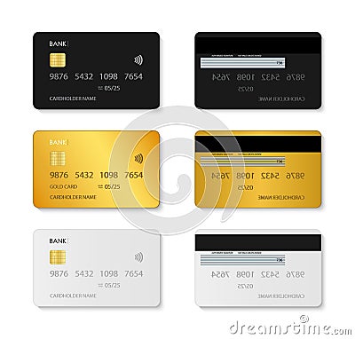 Card credit. Mockup of plastic debit card. Set of bank card with chip. Template in front, back view. White, black, gold mock. Vector Illustration