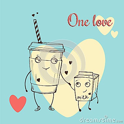 Card with cute cappuccino and milk characters in love on blue background with big white heart. Vector color illustration Vector Illustration