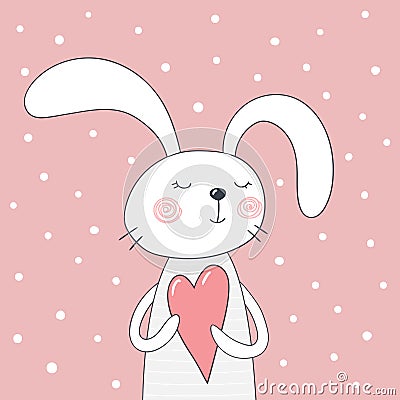 Card with cute cartoon rabbit with heart in his paws. Vector Illustration