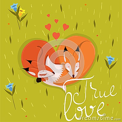 Card with cute enamored foxes sleeping on the meadow vector image Stock Photo