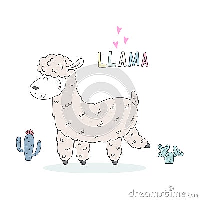 Card with Cute hand drawn funny llama. vector print Vector Illustration