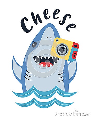 Card of cute shark with photocamera isolated on white, lettering cheese, animal marine print Vector Illustration