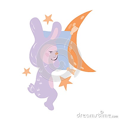 Card with cute sweet sleeping bunny or rabbit, moon and stars. Good night topic. Vector Illustration