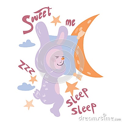 Card with cute sweet sleeping bunny or rabbit, moon, stars and lettering. Vector Illustration