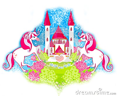 Card with a cute unicorns and fairy-tale princess castle Cartoon Illustration