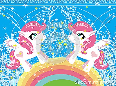 Card with a cute unicorns and rainbow Vector Illustration