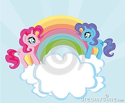 Card with a cute unicorns and rainbow Vector Illustration