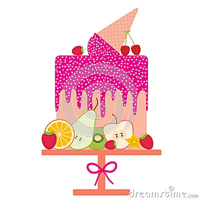 Card design - Birthday, valentine`s day, wedding, engagement. Sweet cake, pink Ice cream waffle cone, pink icing sprinkles, fruit Vector Illustration