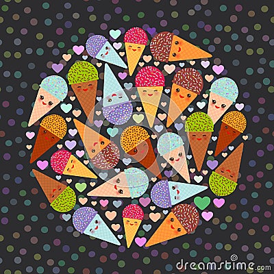 Card design circle with three Kawaii mint raspberry chocolate Ice cream waffle cone funny muzzle with pink cheeks and winking eyes Vector Illustration