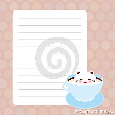 Card design Cute Kawai cat in blue cup of froth art coffee, pink purple pastel colors polka dot lined page notebook, template, Vector Illustration