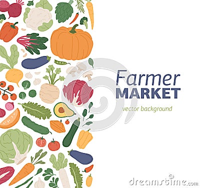 Card design with fresh organic vegetables. Veggie background for vegetarian farmer market. Backdrop with farm harvest Vector Illustration