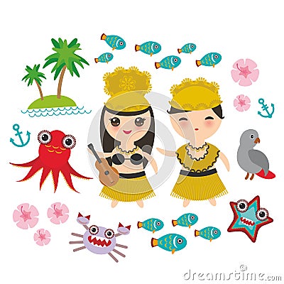 Card design Hawaiian Hula Dancer Kawaii boy girl set of Hawaii icons symbols guitar ukulele flowers parrot fish crab octopus ancho Vector Illustration