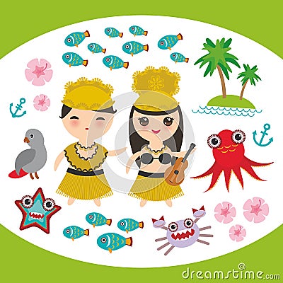 Card design Hawaiian Hula Dancer Kawaii boy girl set Hawaii icons symbols guitar ukulele flowers parrot fish crab octopus anchor f Vector Illustration