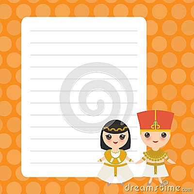 Card design with Kawaii Ancient Egypt boy and girl in national costume and hat. Cartoon children in traditional dress. orange Vector Illustration