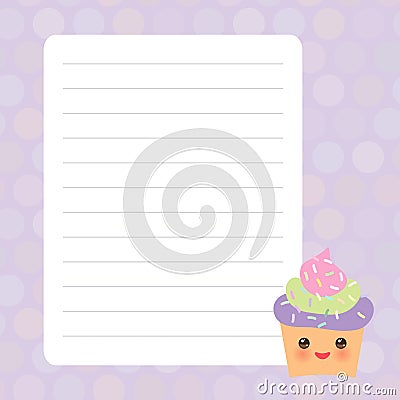 Card design with Kawaii Cupcake, muffin with purple pastel colors polka dot lined page notebook, template, blank, planner Vector Illustration