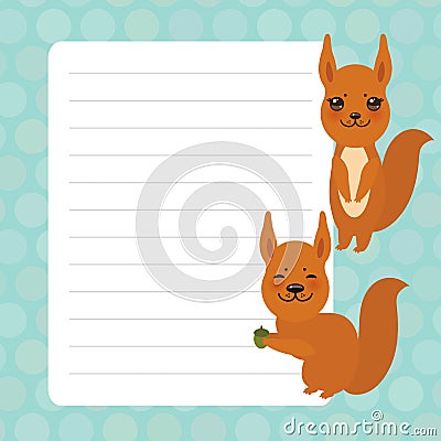 Card design with Kawaii squirrel, blue pastel colors polka dot lined page notebook, template, blank, planner background. Vector Vector Illustration
