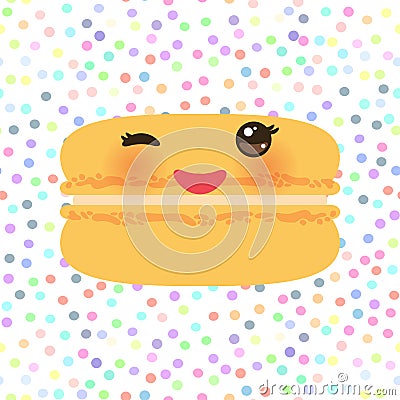 Card design Orange Kawaii macaroon with pink cheeks and winking eyes, pastel colors polka dot background. Vector Vector Illustration