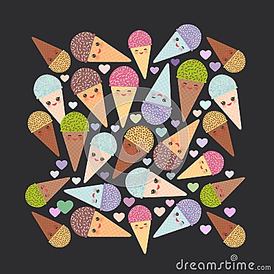 Card design square with three Kawaii mint raspberry chocolate Ice cream waffle cone funny muzzle with pink cheeks and winking eyes Vector Illustration