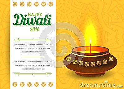 Card design of traditional Indian festival Diwali with lamp. Vector. Vector Illustration